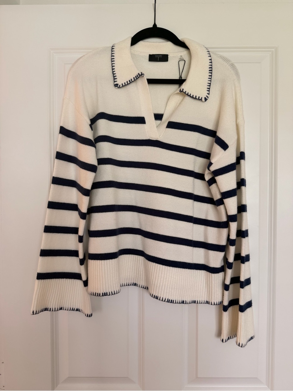Tahari White and Navy Striped V-Neck Collared Sweater